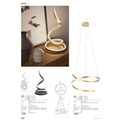 Redo 01-4014 - LED-es, fényerőszabályozható kábeles függeszték SCROLL LED/38W/230V 3000K/4000K/6000K CRI 90 Ø 60 cm aranyszínű