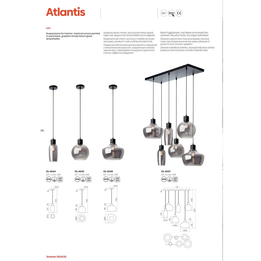 Redo 01-4044 - Csillár zsinóron ATLANTIS 1xE27/42W/230V átm. 11 cm fekete