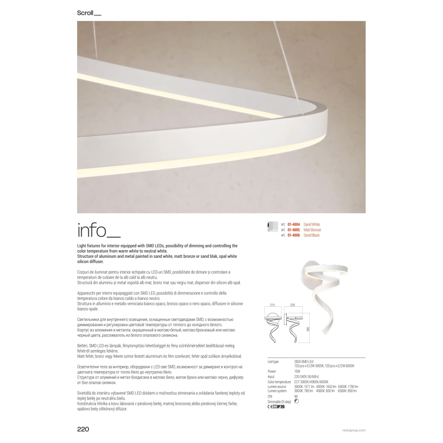 Redo 01-4281 - LED fényerőszabályozható állólámpa SCROLL LED/30W/230V 3000K/4000K/6000K CRI 90 fehér