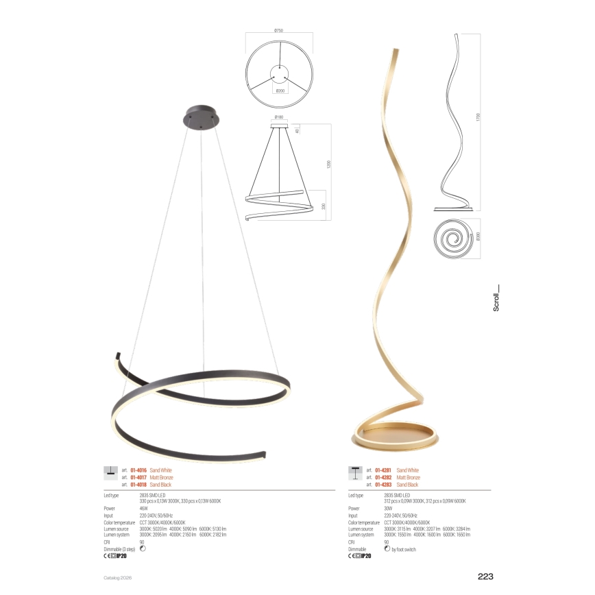 Redo 01-4283 - SCROLL fényerőszabályozható LED állólámpa LED/30W/230V 3000K/4000K/6000K CRI 90 fekete