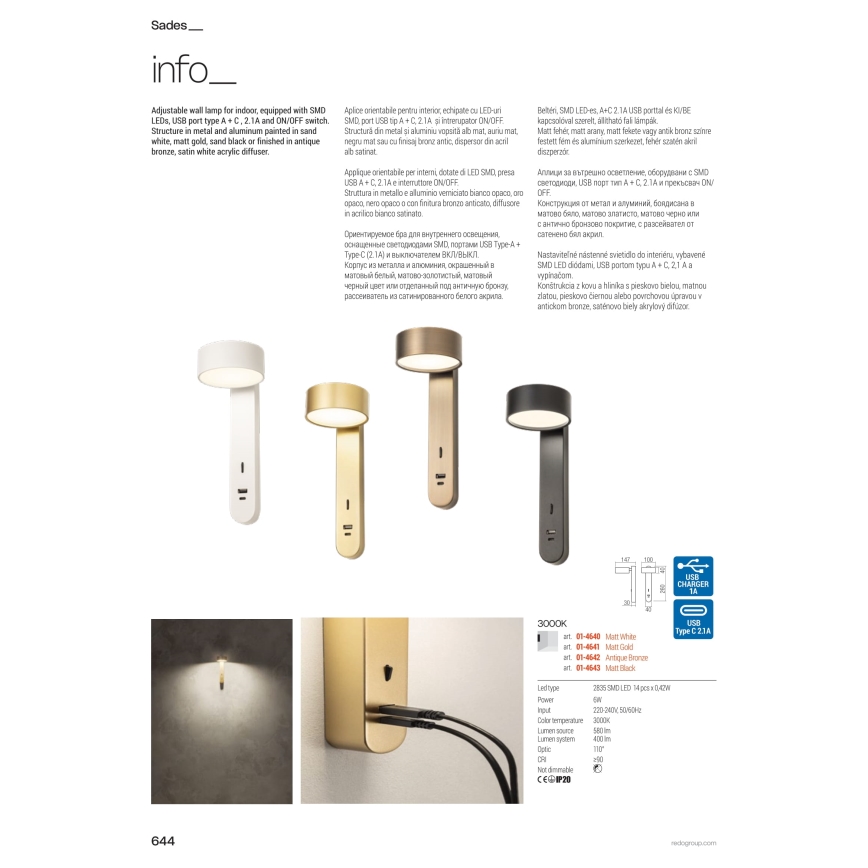 Redo 01-4642 - SADES LED fali lámpa 6W/230V CRI 90 USB, bronz színű