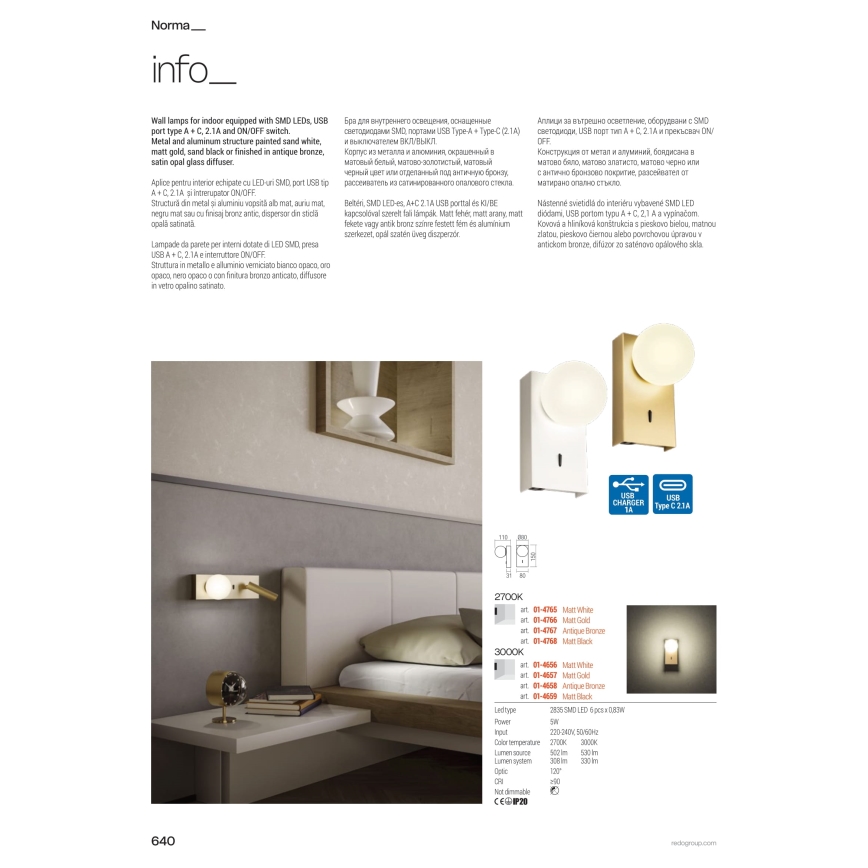 Redo 01-4657 - LED fali lámpa NORMA LED/5W/230V CRI 90 USB fehér/arany