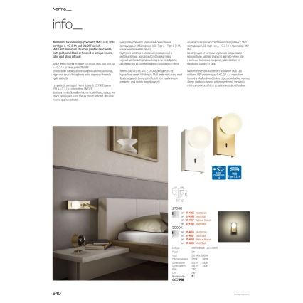 Redo 01-4661 - NORMA LED fali lámpatest LED/5W/230V + LED/3W CRI 90 USB fehér/arany