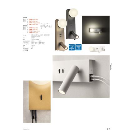 Redo 01-4661 - NORMA LED fali lámpatest LED/5W/230V + LED/3W CRI 90 USB fehér/arany