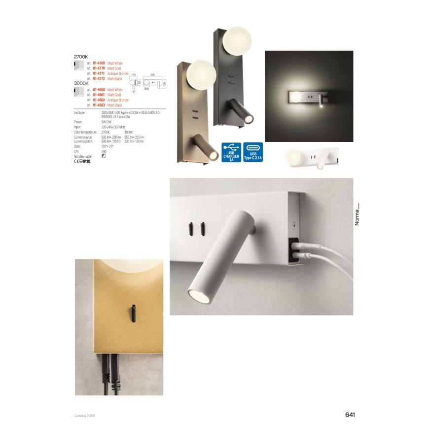 Redo 01-4661 - NORMA LED fali lámpatest LED/5W/230V + LED/3W CRI 90 USB fehér/arany