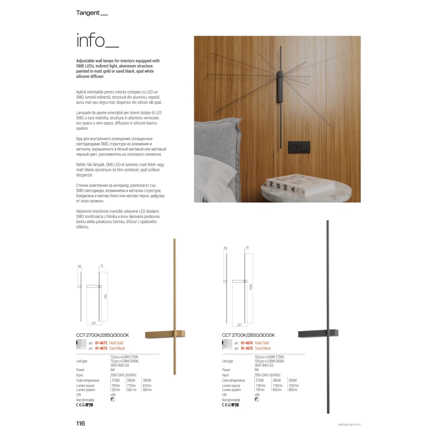Redo 01-4674 - LED fali lámpatest TANGENT LED/9W/230V 2700/2850/3000K 73 cm CRI 90 arany