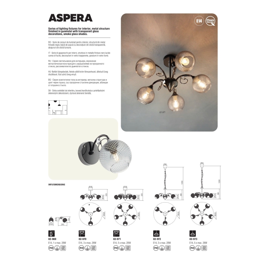 Redo 02-971 - Csillár rúdon ASPERA 5xE14/28W/230V fekete