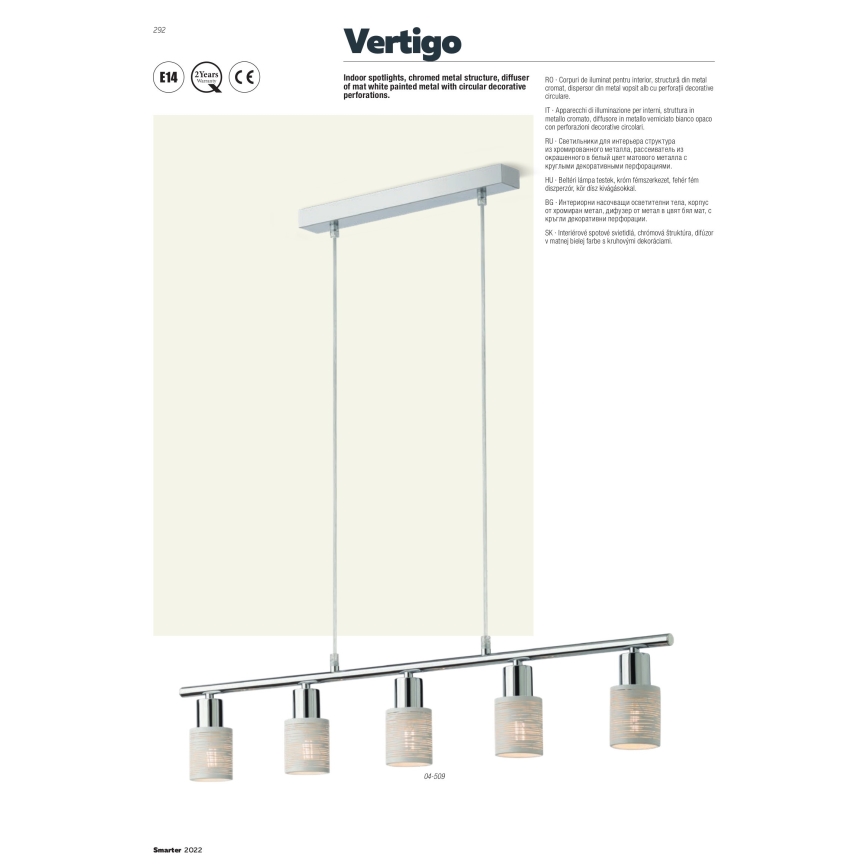 Redo 04-509 - Kábelre függesztett csillár VERTIGO 5xE14/28W/230V fényes króm/fehér