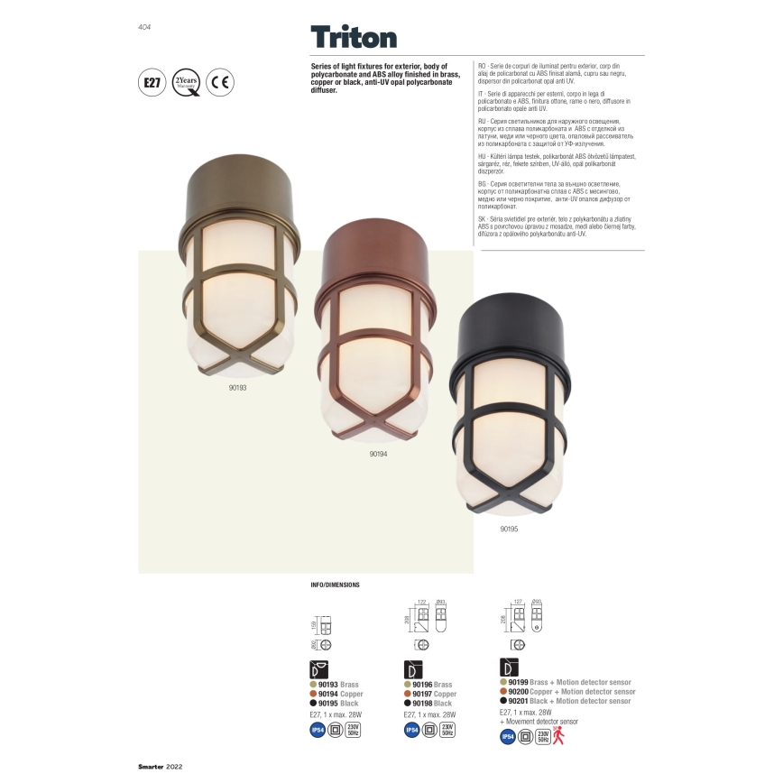 Redo 90199 - Kültéri lámpa érzékelővel TRITON 1xE27/28W/230V IP54 sárgaréz