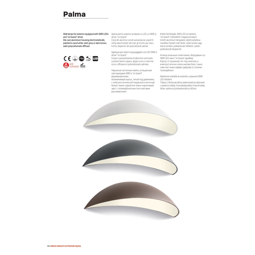 Redo 90235 - PALMA LED kültéri fali lámpatest, 18 W, 230 V, 3000 K, IP54, antracit