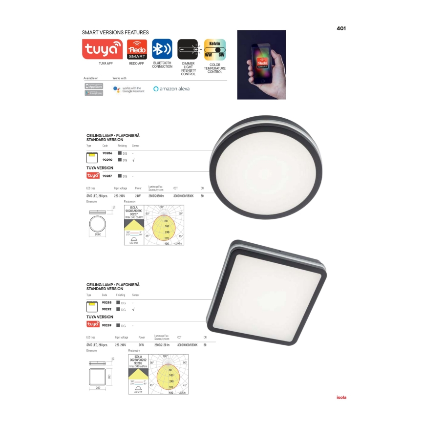 Redo 90286 - LED Kültéri mennyezeti lámpa ISOLA LED/24W/230V átm. 26 cm 3000/4000/6500K IP54 antracit