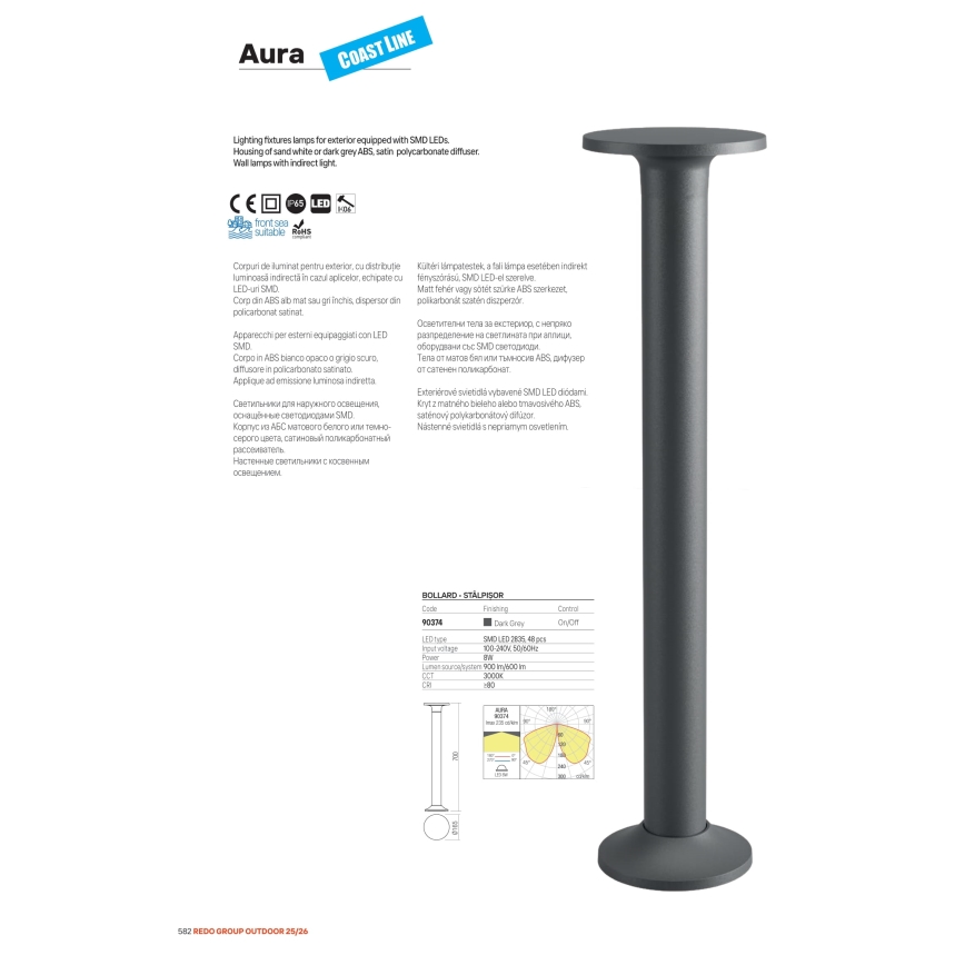 Redo 90374 - AURA kültéri LED-lámpa, 8W, 230V, 3000K, 70 cm, IP65, antracit