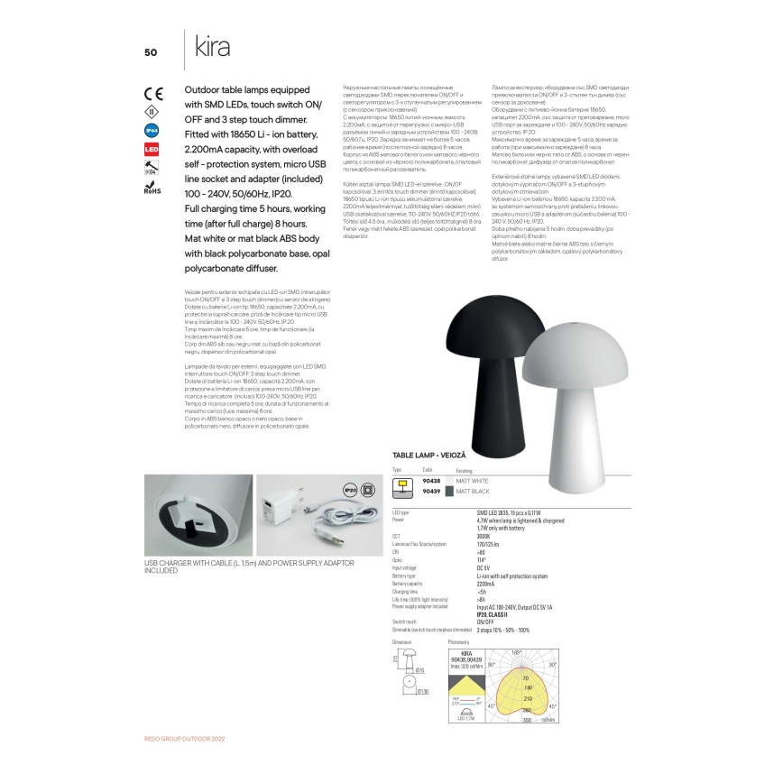 Redo 90439 - KIRA kültéri, érintésvezérlésű, fényerőszabályozható LED-lámpa, 4,7 W, 230 V, 2200 mAh, IP44, fekete