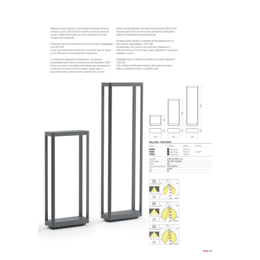 Redo 90580 - WAKE LED kültéri lámpa, 8W, 230V, 3000K, 20 cm, IP65, antracit