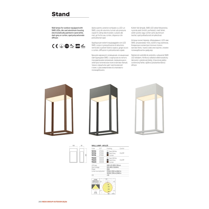 Redo 90603 - LED kültéri fali lámpatest STAND LED/20W/230V 3000K CRI 90 IP65 antracit