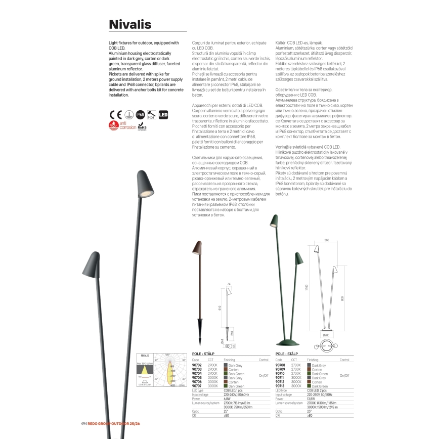 Redo 90707 - NIVALIS LED kültéri lámpa, 6,8 W, 230 V, 3000 K, 82 cm, IP65, zöld