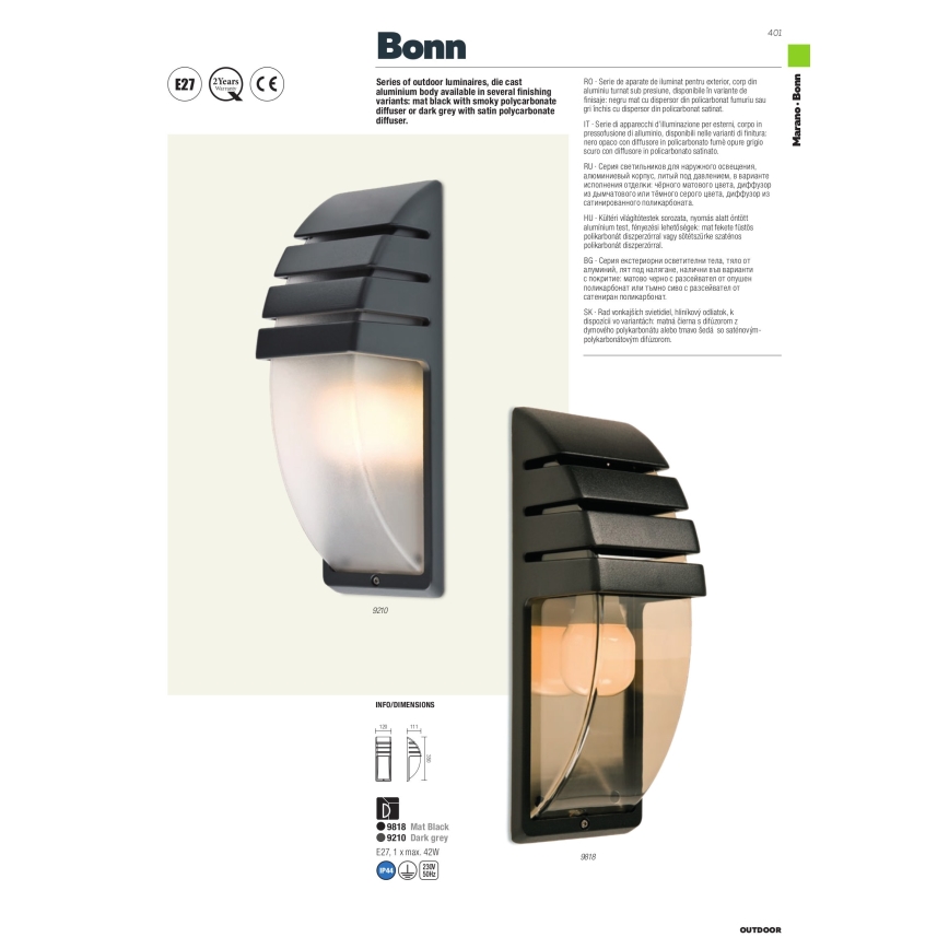Redo 9210 - Kültéri fali lámpa  BONN 1xE27/42W/230V IP44
