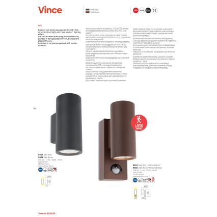 Redo 9453 - VINCE LED kültéri fali lámpatest érzékelővel 2xLED/3W/230V IP54 antracit