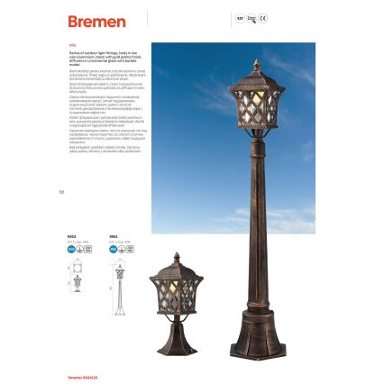 Redo 9952 - Kültéri csillár láncon BREMEN 1xE27/42W/230V IP23 arany/patinás