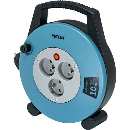 Retlux - 3 aljzatos, E típusú kábeldobos hosszabbító, 10 m, kék/fekete