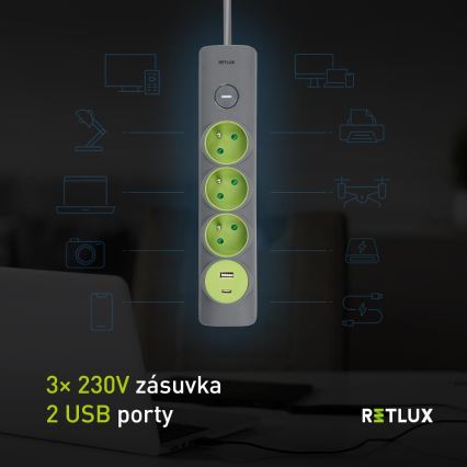 Retlux - Hosszabbító kábel kapcsolóval 3 aljzat E típus + 1xUSB-A + 1xUSB-C 1,4m szürke