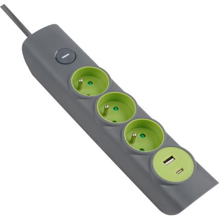 Retlux - Hosszabbító kábel kapcsolóval 3 aljzat E típus + 1xUSB-A + 1xUSB-C 1,4m szürke