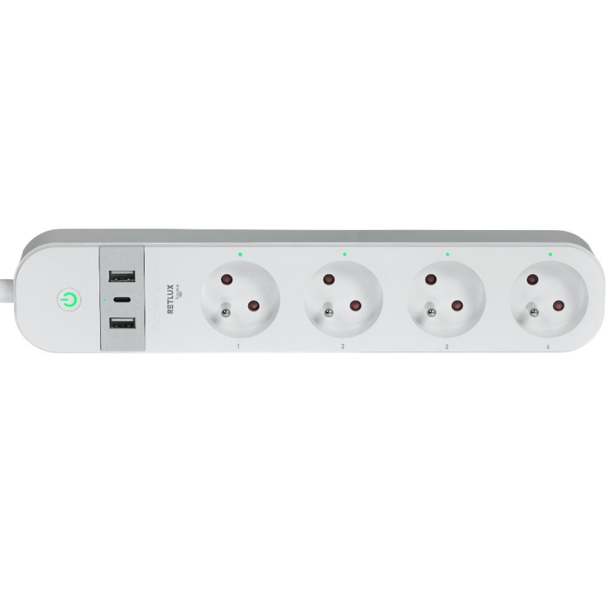 Intelligens hosszabbító vezeték kapcsolóval 4Z Típus E + 2x USB-A + 1x USB-C 1,5m Wi-Fi Tuya fehér