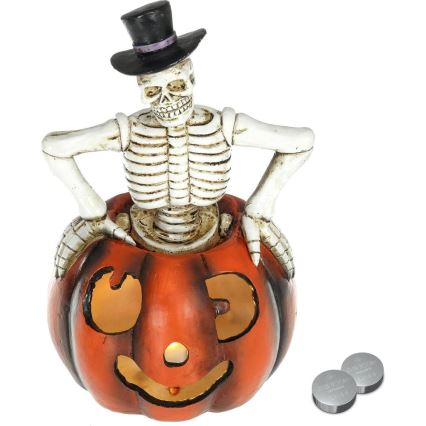 LED Dekoráció HALLOWEEN LED/2xLR44/meleg fehér csontváz tökben gyanta