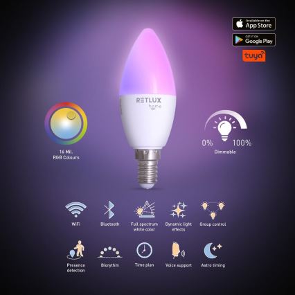 LED RGBW Dimmelhető izzó C37 E14/4,5W/230V 2700-6500K Wi-Fi Tuya