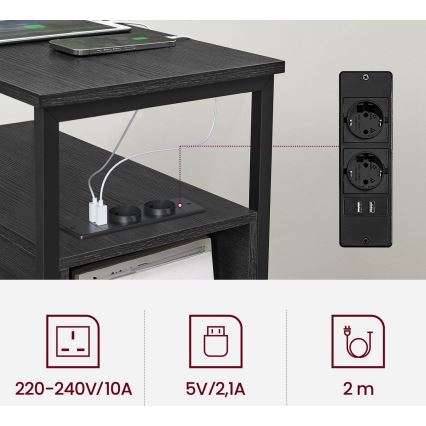 ROD fekete oldalsó asztal beépített konnektorokkal és USB-portokkal