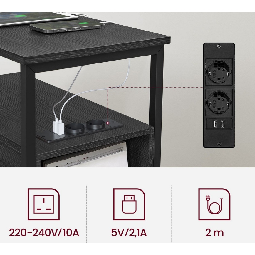 ROD fekete oldalsó asztal beépített konnektorokkal és USB-portokkal