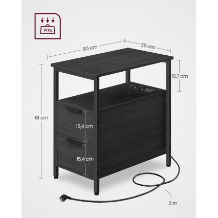 ROD fekete oldalsó asztal beépített konnektorokkal és USB-portokkal