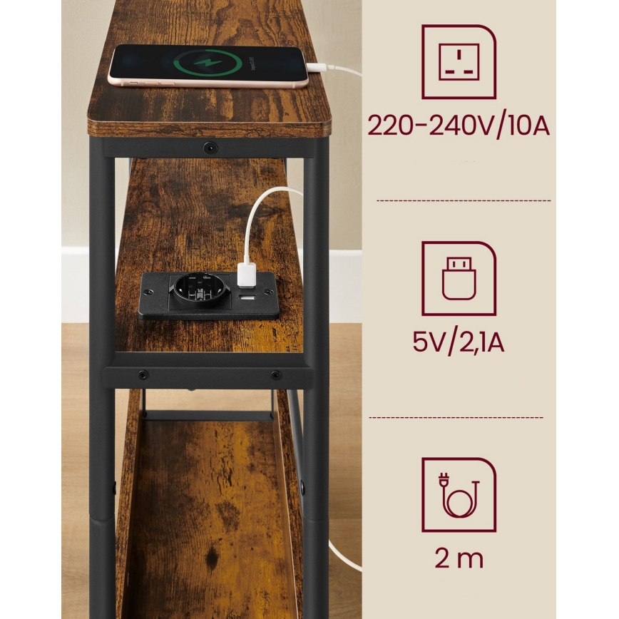 ROD oldalsó asztal beépített konnektorral és USB-portokkal, barna/fekete