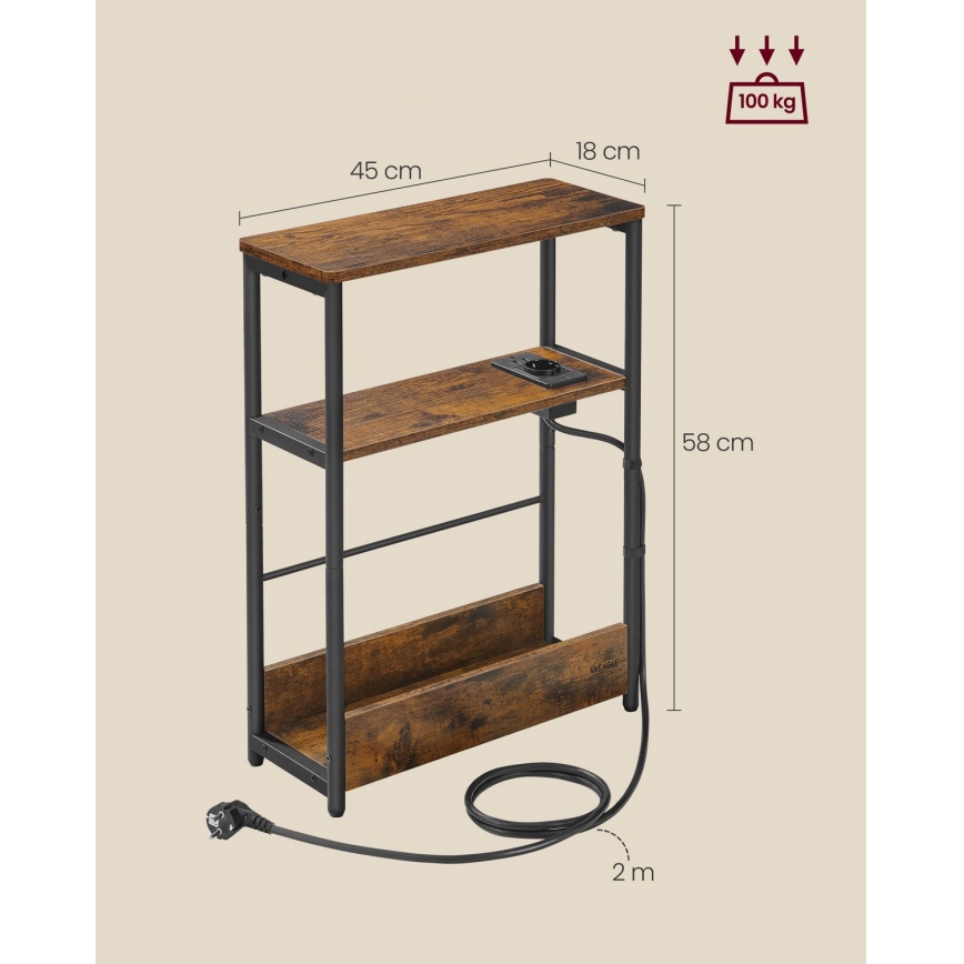ROD oldalsó asztal beépített konnektorral és USB-portokkal, barna/fekete