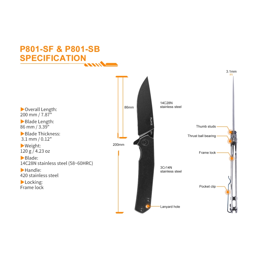 Ruike RUP801SB - Összecsukható zsebkés 20 cm szürke