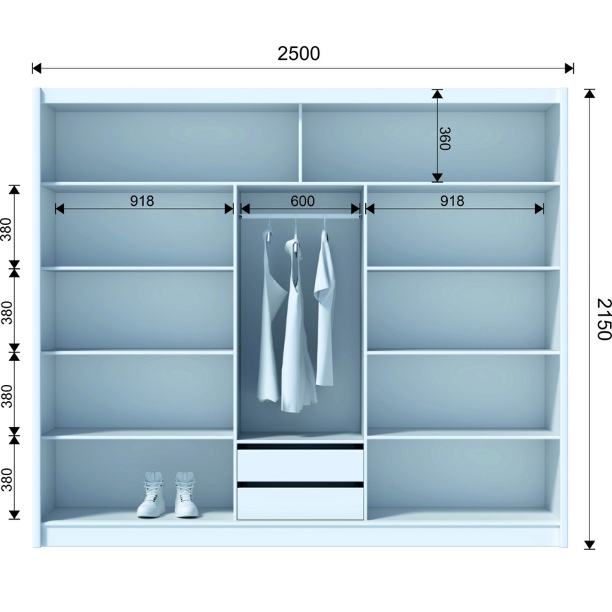 SABRINA gardróbszekrény tükörrel 250x215 cm, craft tölgy