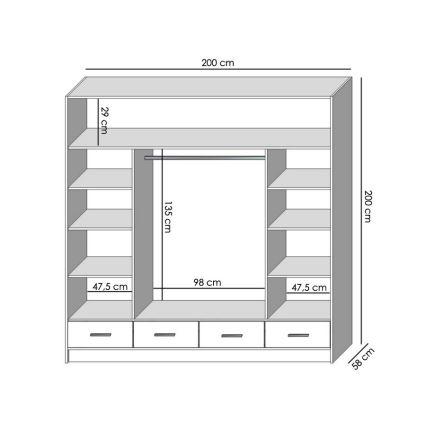 SANNA gardróbszekrény tükörrel, 200x215 cm, fehér