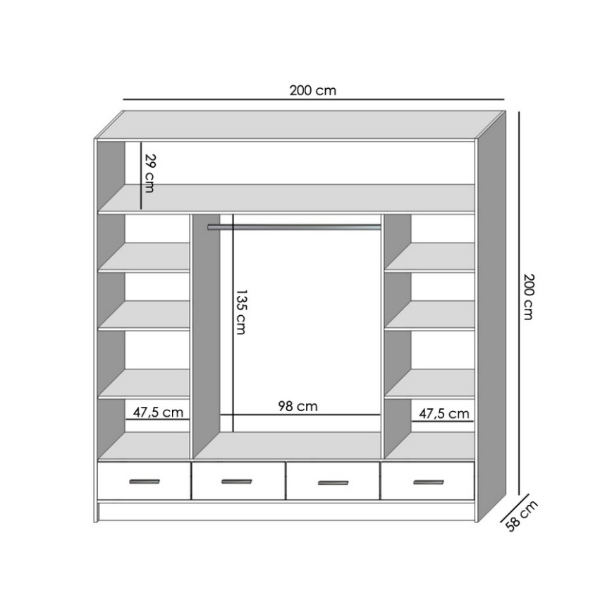 SANNA gardróbszekrény tükörrel, 200x215 cm, fehér