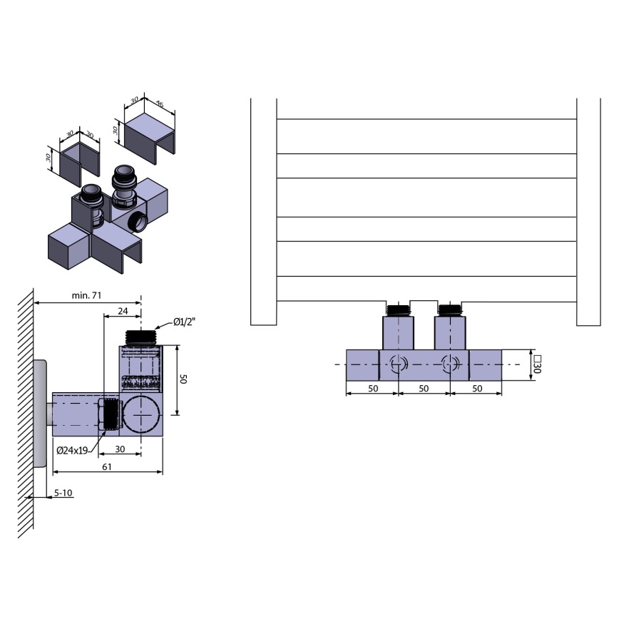 Sapho - Csatlakozó szelepszett középső csatlakozáshoz CUBE TWIN matt rozsdamentes acél
