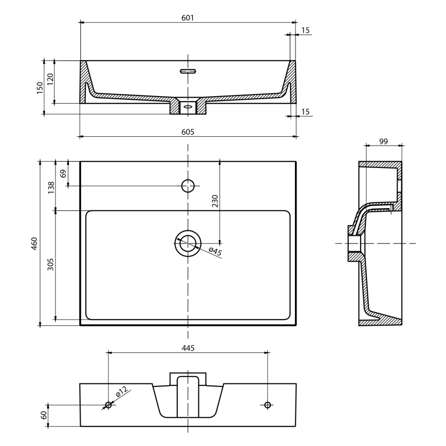 Sapho - Falra szerelhető mosdó AQUATIC 60x46 cm kerámia/fehér