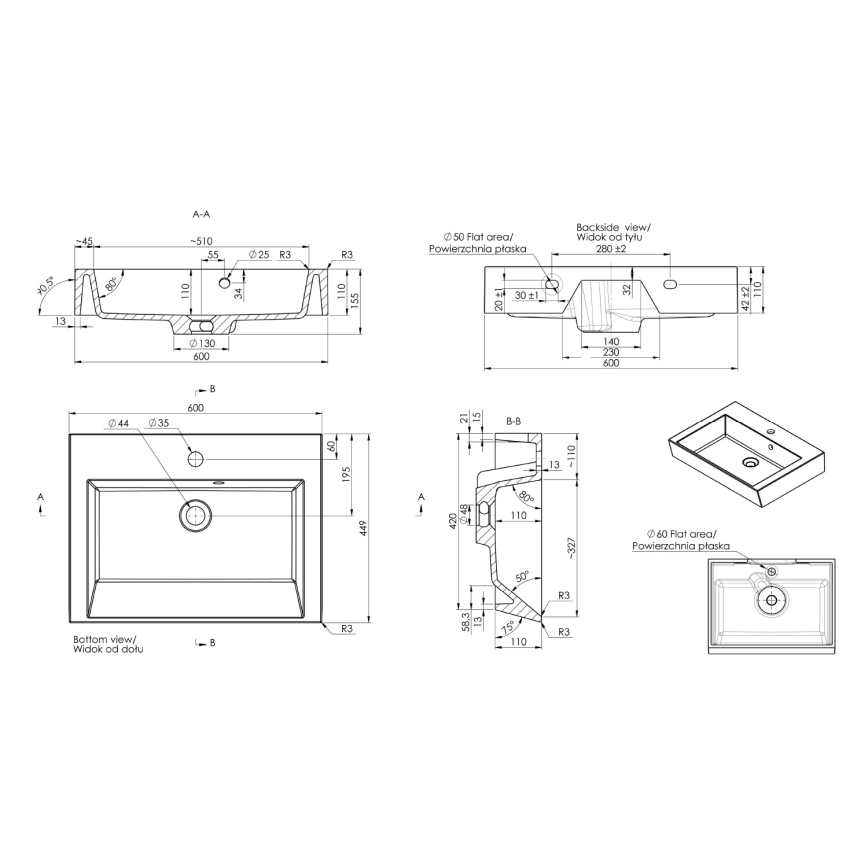 Sapho - ORINOKO 60x45 cm ráültethető mosdó, márvány/fehér