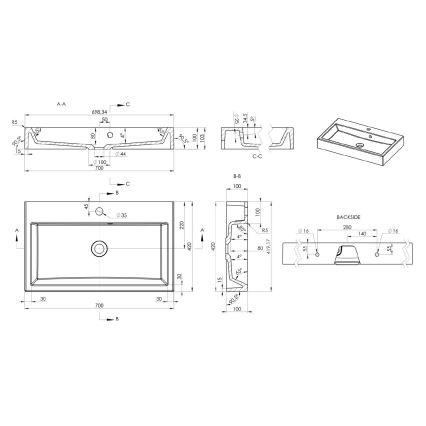 Sapho - ORINOKO pulton elhelyezhető mosdó 70x42 cm, márvány/fehér