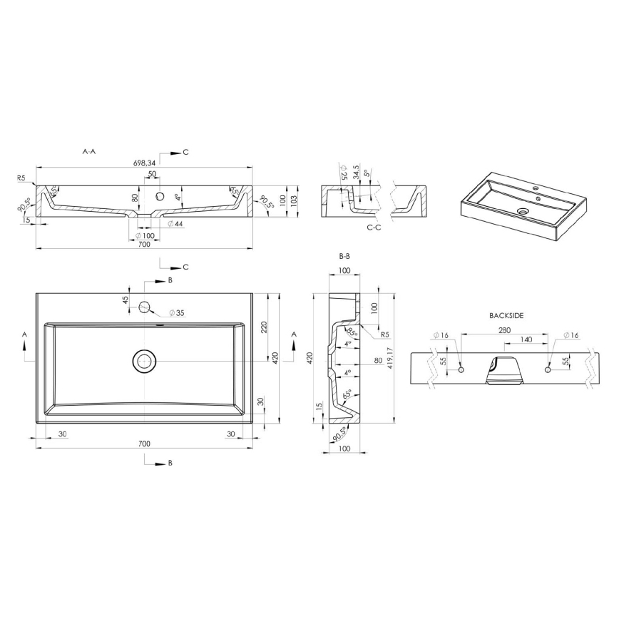 Sapho - ORINOKO pulton elhelyezhető mosdó 70x42 cm, márvány/fehér