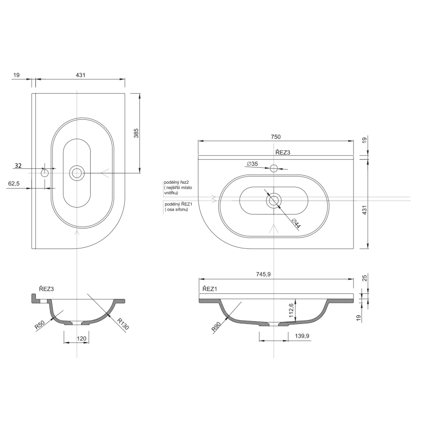 Sapho - PULSE sarok aláépíthető mosdó 75x43 cm márvány/fehér