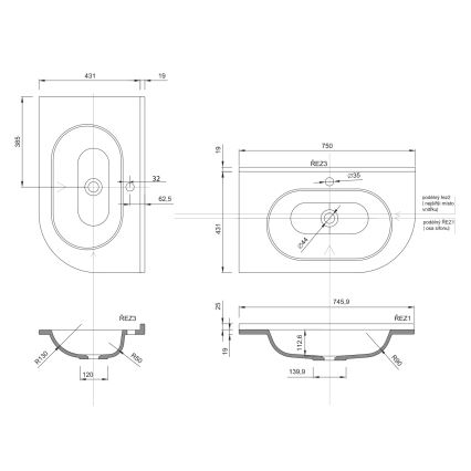 Sapho - Sarokba süllyesztett mosdó PULSE 75x43 cm márvány/fehér
