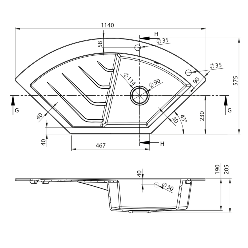 Sapho - sarokkonyhai mosogató 114x57,5 cm gránit/fekete
