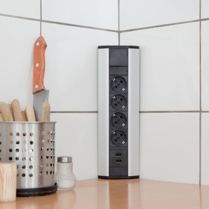 Sarokba szerelhető aljzatos oszlop 4x230V + 2xUSB-A fekete/ezüst