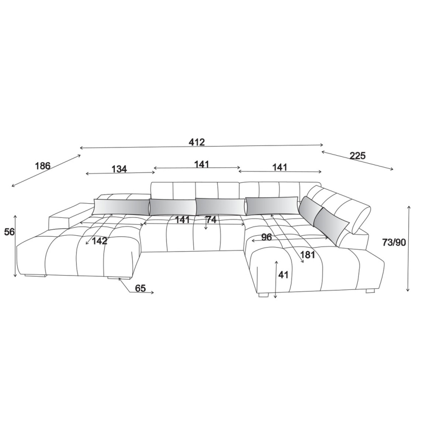 Sarokkanapé fejtámlákkal U alakban TROPEA jobb oldali szürke