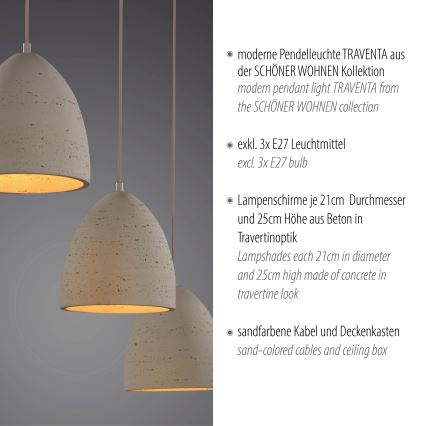 Schöner Wohnen 12541-42 - Kábeles csillár TRAVENTA 3xE27/40W/230V beton