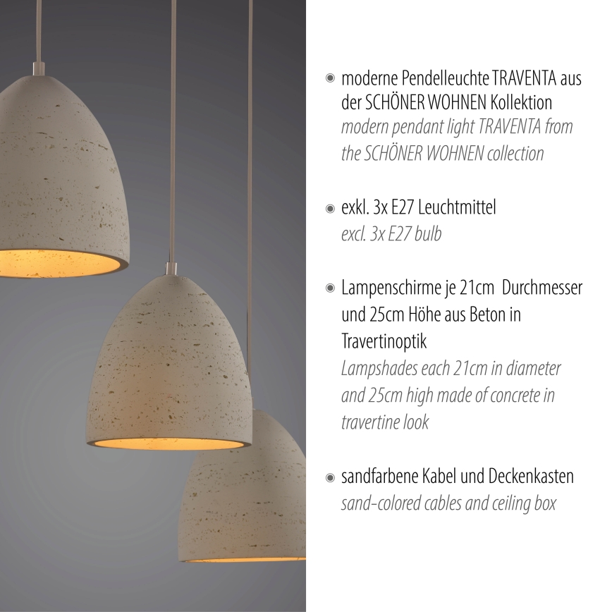 Schöner Wohnen 12541-42 - Kábeles csillár TRAVENTA 3xE27/40W/230V beton